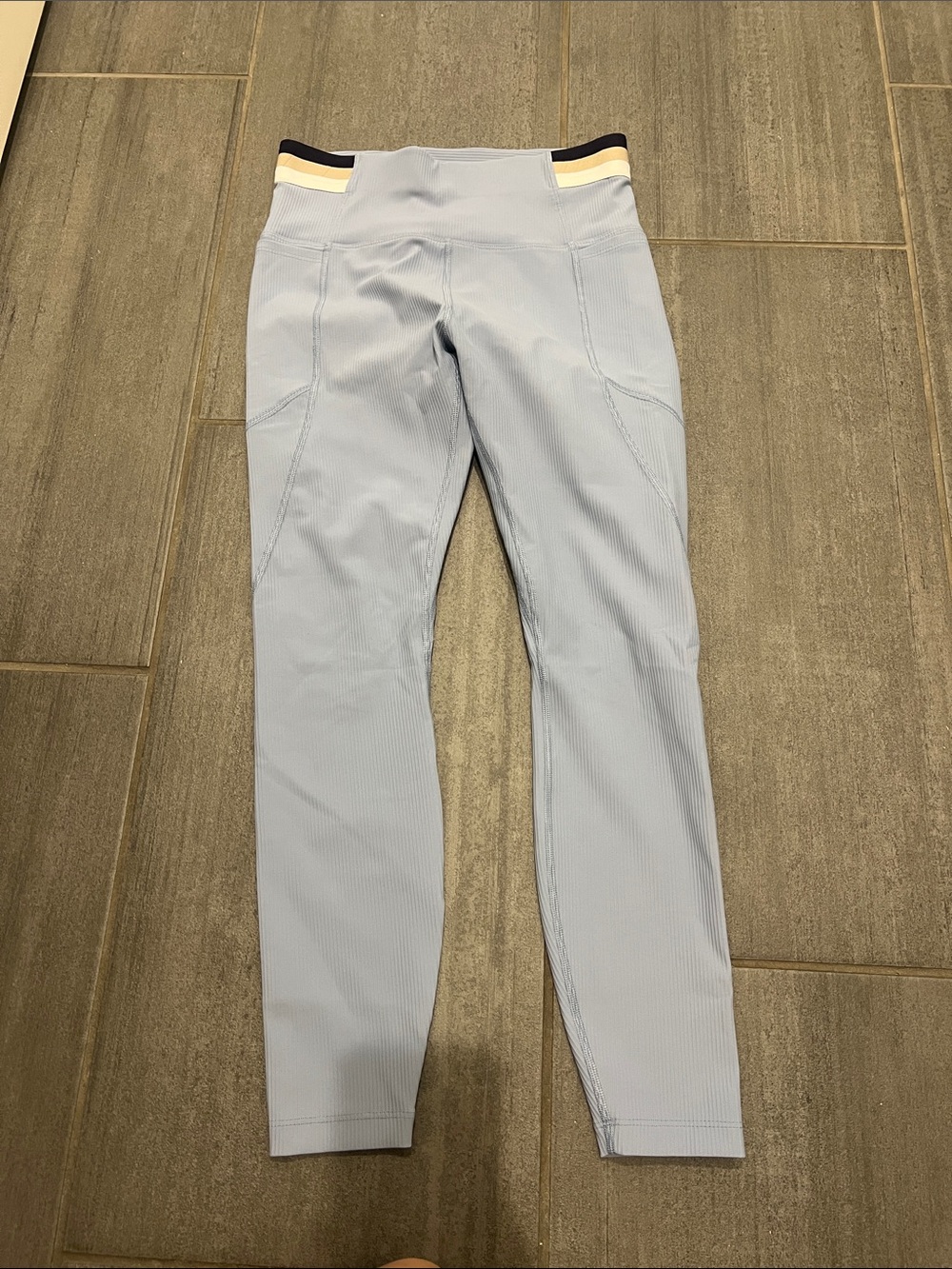 Lorna Jane Pale Blue Ribbed Leggings with Navy and Cream Waistband